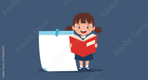 A young girl happily reads a book next to a blank calendar page.