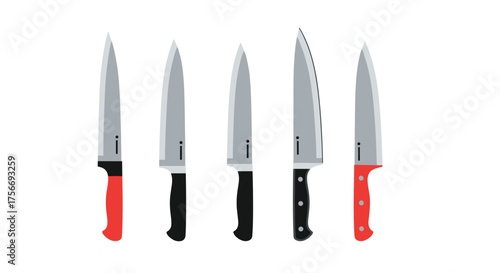 A collection of five sharp kitchen knives ready for culinary tasks