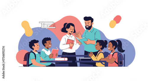 Diverse group of students attentively listening to their teacher in a colorful classroom setting.