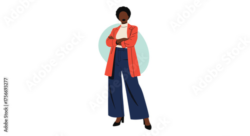 A modern black woman wearing a stylish outfit with crossed arms in a professional pose.