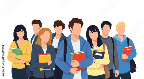 A diverse group of students holding books and backpacks standing together for education.