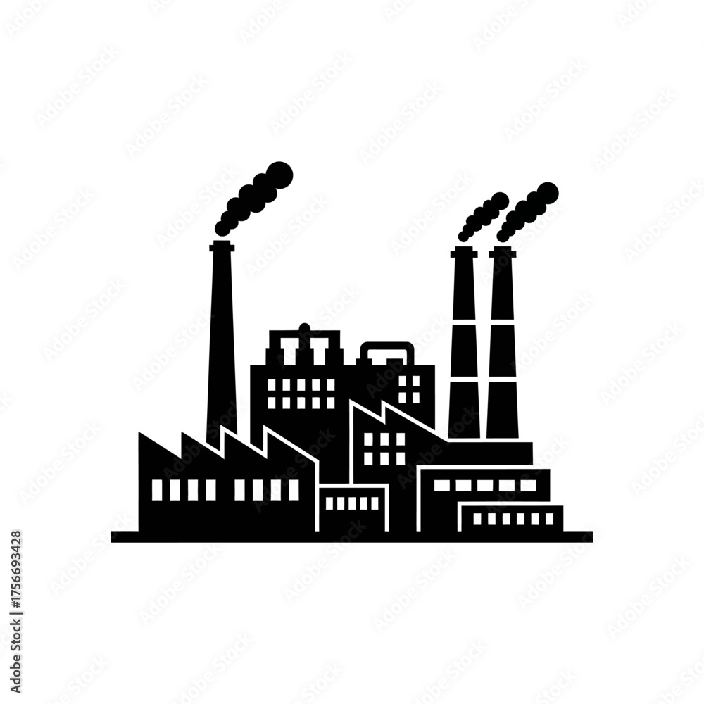 Obraz premium Industrial factory Silhouette with smokestacks black and white symbol of production and pollution
