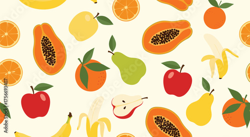 A vibrant and healthy collection of ripe fruits displayed in a playful and cheerful pattern.