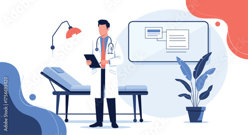 The doctor is in and examining a patient in a modern clinic setting.