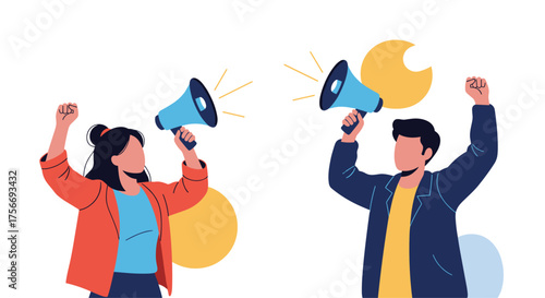 People making announcements and shouting through megaphones with abstract shapes.