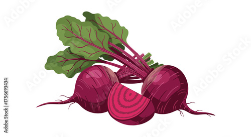 Fresh raw beetroots with green leaves and a sliced beetroot showing its rings.