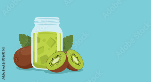 A refreshing kiwi drink with ice cubes and fresh kiwi slices served in a glass jar