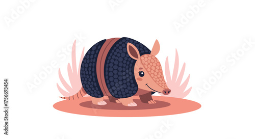 A cute cartoon armadillo with a banded shell is walking through a field.