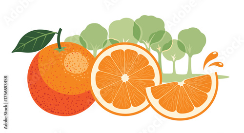 Juicy oranges from organic orchards surrounded by lush green trees in the countryside.