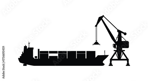 Industrial cargo ship docked at port with a large loading crane in silhouette against a white background silhouette