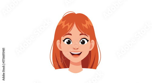 A young woman with short red hair smiling with her mouth open widely