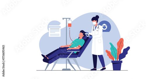 Medical professional attending to a patient receiving a blood transfusion during a health checkup.