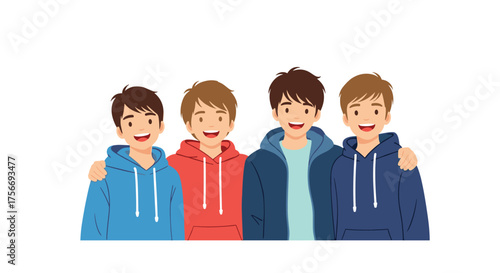 Four young friends in hoodies posing together with arms around each other smiling brightly.