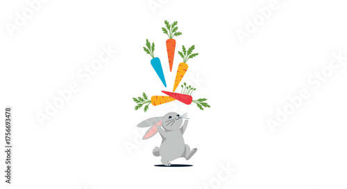 A cute cartoon bunny is skillfully balancing carrots above its head.