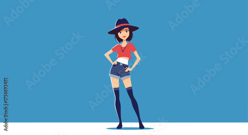 A stylish young woman in casual summer attire poses confidently on a bright blue background.