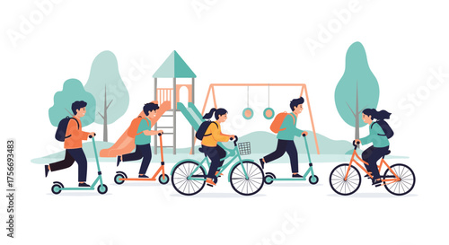 Children enjoy riding scooters and bicycles in a park playground setting.