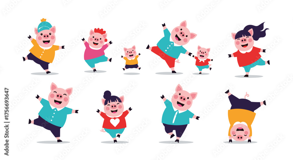 Fototapeta premium A group of cartoon pigs dancing and jumping in a playful manner.