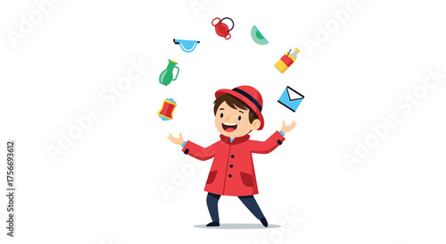 A cheerful young boy in a red coat expertly juggles various objects in the air.
