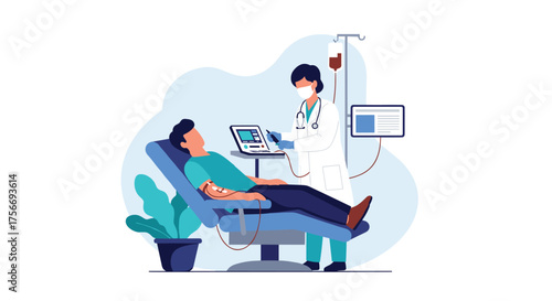 A medical professional monitors a patient receiving a blood transfusion during a donation process.