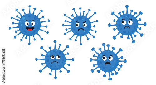 A group of blue cartoon virus characters displaying various emotions like happiness anger sadness and fear.