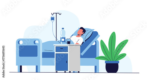 Patient recovering in hospital bed with medical equipment and plant.