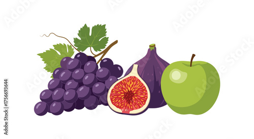 A delicious arrangement of ripe purple grapes a juicy fig and a vibrant green apple.