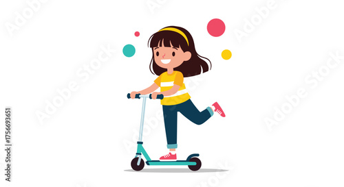 A young girl rides her scooter with a big smile on her face outdoors.