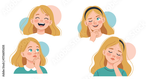 Four adorable cartoon depictions of a young girl's diverse facial expressions and emotions.