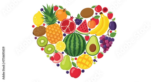 A heart shape formed by a vibrant assortment of fresh healthy fruits.