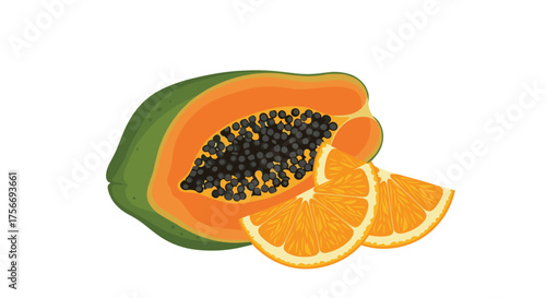 Fresh papaya cut in half showing its seeds and two juicy orange slices.