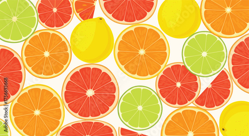 A vibrant and refreshing assortment of citrus fruit slices including oranges lemons and limes.