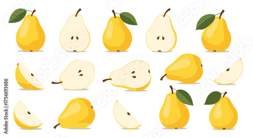 A collection of whole and sliced ripe yellow pears with green leaves arranged in a grid pattern on a white background.