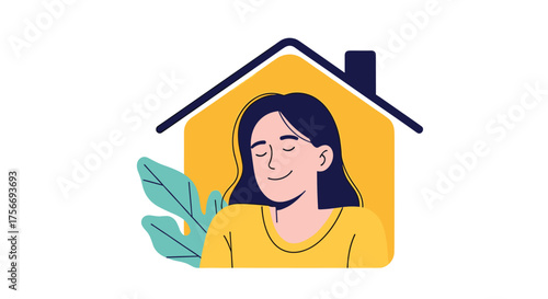A woman smiling inside a house silhouette feeling content.
