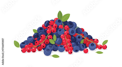 A pile of fresh blueberries and red currants with green leaves.