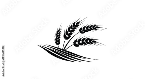 A stylized black silhouette of wheat stalks with detailed ears of grain and flowing leaves on a white background