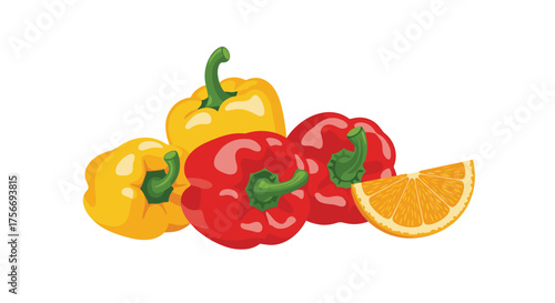A vibrant assortment of colorful bell peppers with a fresh slice of orange.