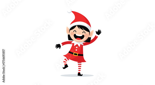 An excited christmas elf wearing a red hat and a red outfit is dancing happily.
