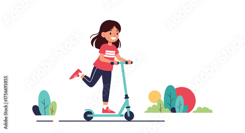 A happy young girl enjoys a fun ride on her scooter outdoors.