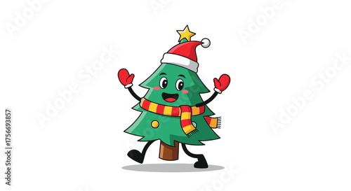 A cute cartoon christmas tree wearing a hat and scarf is happily dancing.
