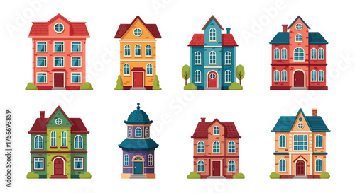 A collection of charming houses with unique architectural styles and vibrant colors.