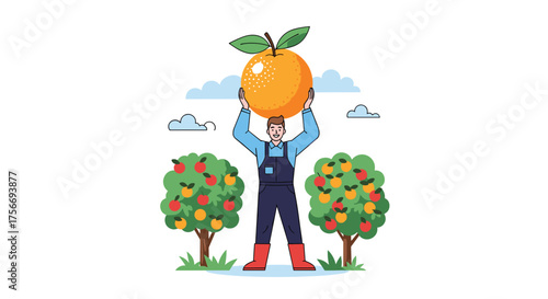 A farmer proudly holds a giant orange fruit above his head amidst bountiful orchards.
