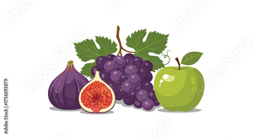 A beautiful still life composition featuring ripe grapes figs and a green apple.