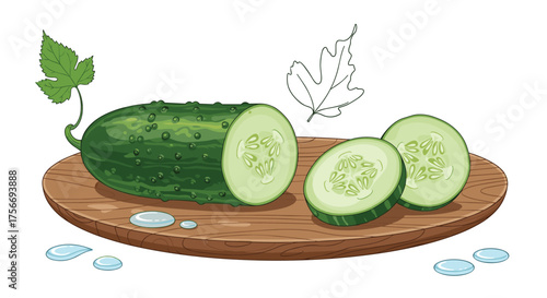 Freshly sliced cucumbers with water droplets on a wooden board, ready for preparation.