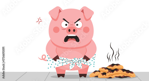 An angry pig wearing a towel with a pile of droppings next to it