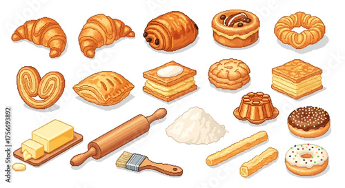 Assortment of pastries Detailed pixel art Sweet baked goods Delicious breakfast treats