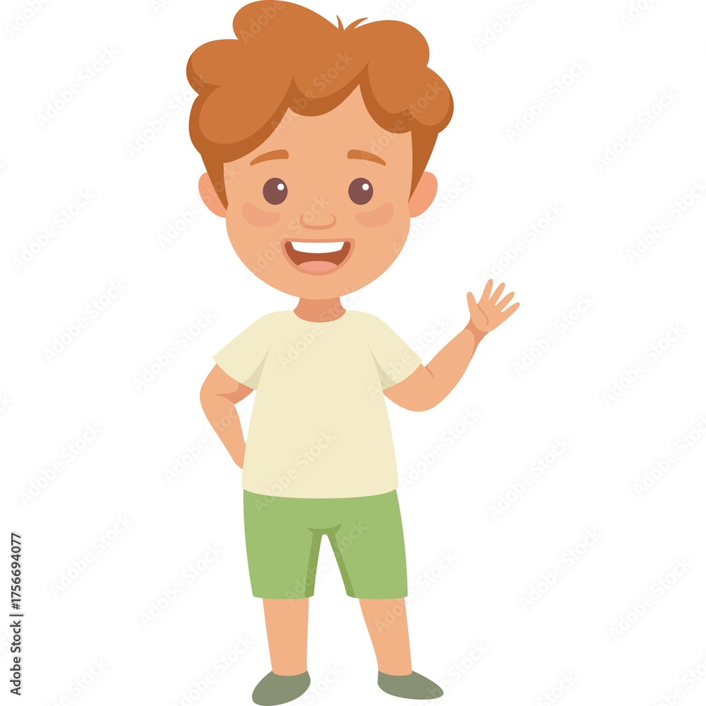 Obraz premium Cartoon young boy with ginger hair wearing a light yellow t-shirt and green shorts waves hello with a happy expression on his face, isolated on a transparent background