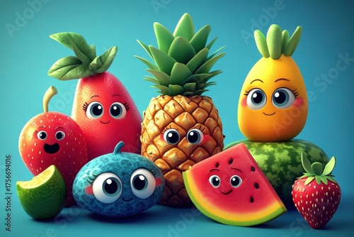 Group cartoon fruits vegetables arranged blue background There 3d character cute