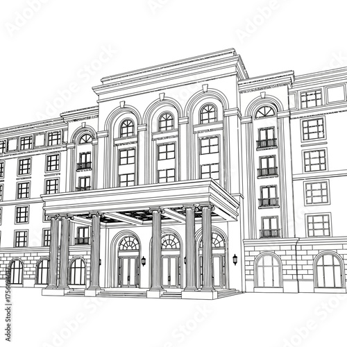 Hotel Building Architectural Line Drawing Grand Entrance Columns Symmetry Classic Style