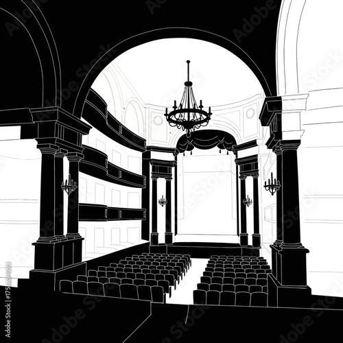 Opera house Interior Monochrome architectural drawing Empty stage and seating