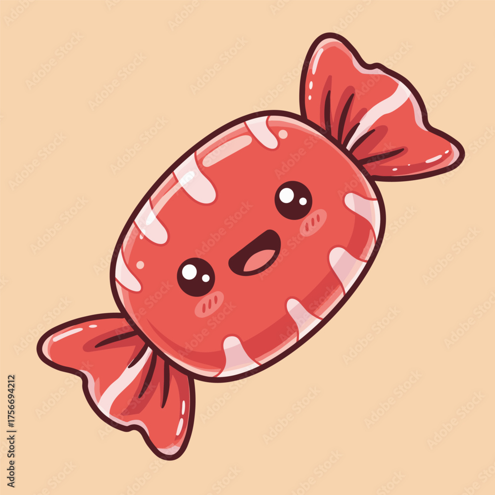 Obraz premium An adorable, smiling candy illustrated in a kawaii style, wrapped in red and white striped cellophane.